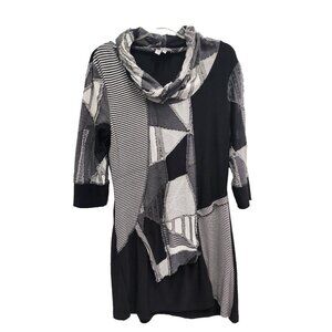 Lana Lee Womens Patchwork Mini Dress Size Medium Black Gray Cowl Neck 3/4 Sleeve